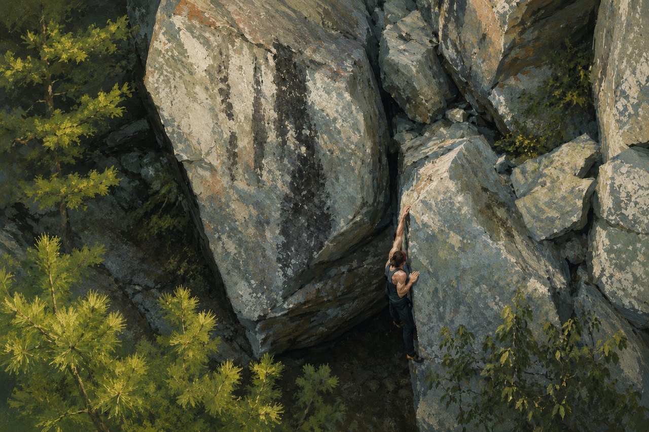 Stylized painting of a bouldering area seen from above — a climber moving across large gray boulders surrounded by pine.