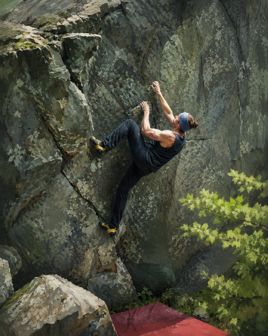Stylized painting of Matt Hester bouldering — pulling through a steep move on a gray rock face, with green foliage to one side and a crash pad below.