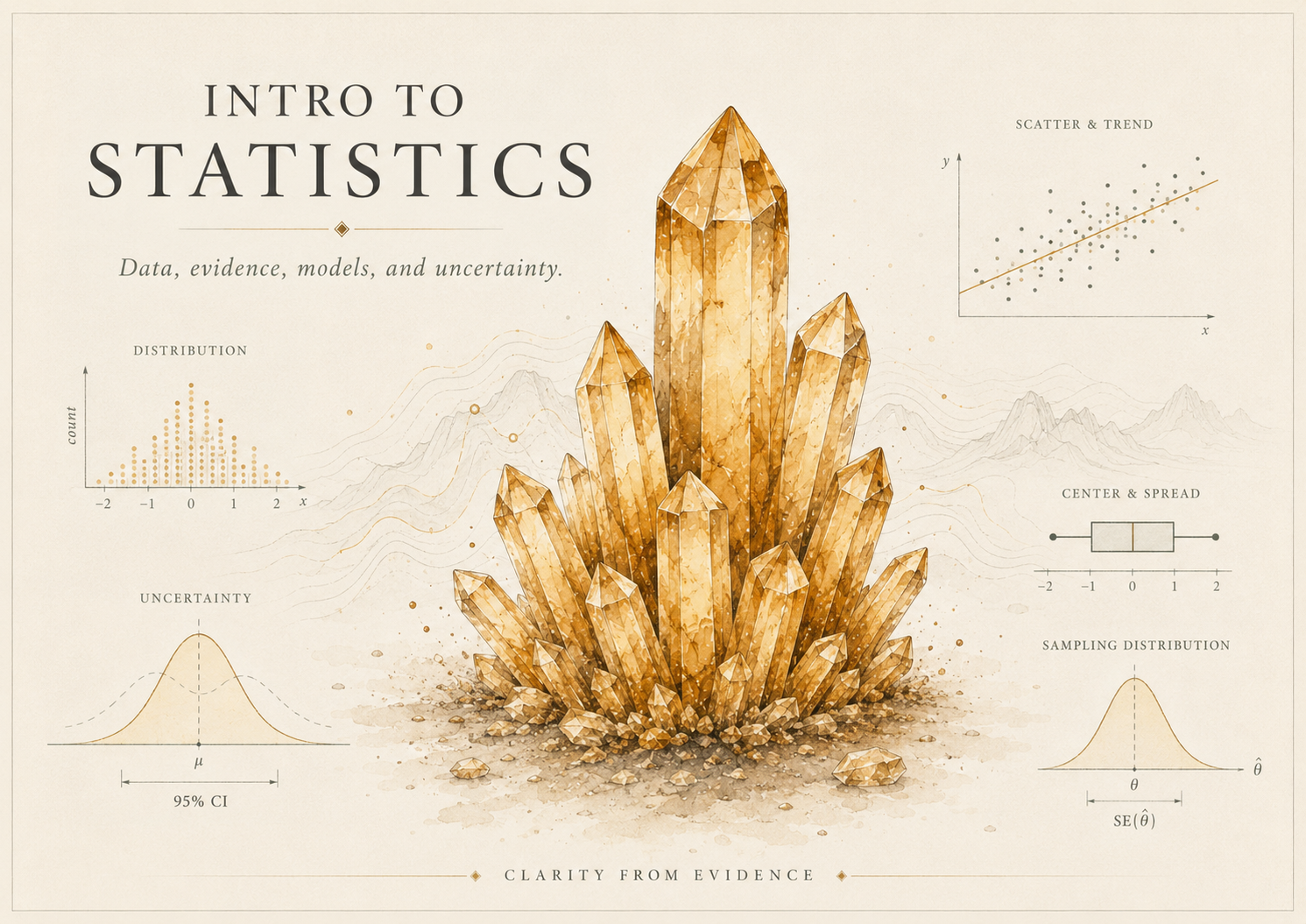 Course identity hero for Intro to Statistics — an amber crystal cluster surrounded by introductory statistics graphics including distributions, uncertainty, scatterplots, center and spread, and sampling distributions, with the course title.