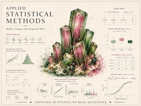 Course identity hero for Applied Statistical Methods — a pink-and-green watermelon-tourmaline crystal cluster surrounded by applied-statistics graphics including a linear-model equation, group comparisons and ANOVA, a two-way interaction, regression with diagnostics, a contingency table, and a logistic-regression curve, with the course title.