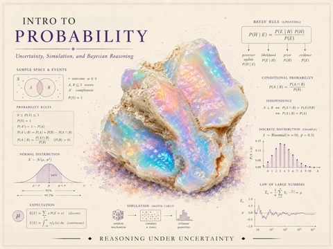 Course identity hero for Introduction to Probability — an iridescent opal crystal surrounded by probability graphics including sample spaces and events, the probability rules, Bayes' rule, a binomial distribution, the normal curve, expectation, a Monte Carlo simulation sketch, and the law of large numbers, with the course title.