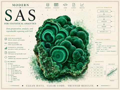 Course identity hero for Modern SAS for Statistical Analytics — a banded green malachite crystal surrounded by SAS analytics-workflow graphics including an import-validate-analyze-report-decide pipeline, a DATA step example, a SAS project folder tree, a PROC MEANS table, and a PROC SGPLOT scatterplot, with the course title.