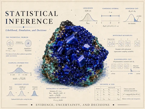 Course identity hero for Statistical Inference — a deep-blue crystal cluster surrounded by inference graphics including the inferential problem, a likelihood curve, a confidence interval, a hypothesis test, a sampling distribution, a Bayesian update, the bootstrap, and a randomization test, with the course title.
