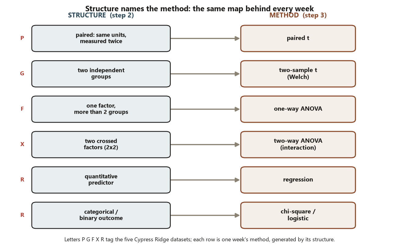 A two-column map. The left column, headed Structure step 2, lists six boxes: paired same units measured twice; two independent groups; one factor more than two groups; two crossed factors two-by-two; quantitative predictor; categorical or binary outcome. The right column, headed Method step 3, lists six boxes joined one-to-one by arrows: paired t; two-sample t Welch; one-way ANOVA; two-way ANOVA with interaction; regression; chi-square or logistic. Each left box is tagged with a dataset letter P, G, F, X, R, R.