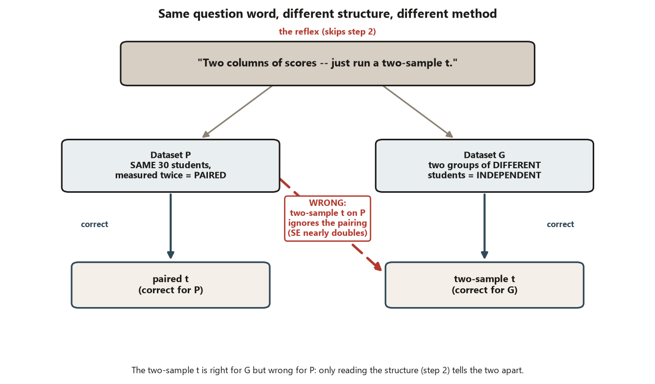 A branching diagram. At the top, a box holds the reflex two columns of scores, just run a two-sample t, labeled the reflex, skips step 2. Two gray arrows lead down to two structure boxes: Dataset P, same 30 students measured twice, paired; and Dataset G, two groups of different students, independent. From each structure a solid dark arrow points to its correct method: P to paired t, G to two-sample t. A bold red dashed diagonal arrow runs from Dataset P across to the two-sample t box, passing through a red-outlined callout that reads WRONG, two-sample t on P ignores the pairing, standard error nearly doubles. A caption notes the two-sample t is right for G but wrong for P.