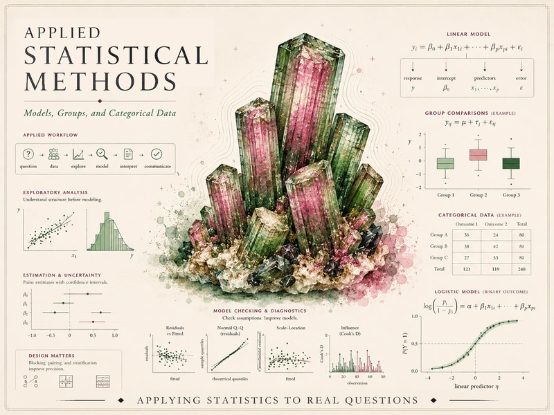Course identity hero for Applied Statistical Methods — a pink-and-green watermelon-tourmaline crystal cluster surrounded by applied-statistics graphics including a linear-model equation, group comparisons and one-way and two-way ANOVA, regression with residual diagnostics, a contingency table, and a logistic-regression curve, with the course title.