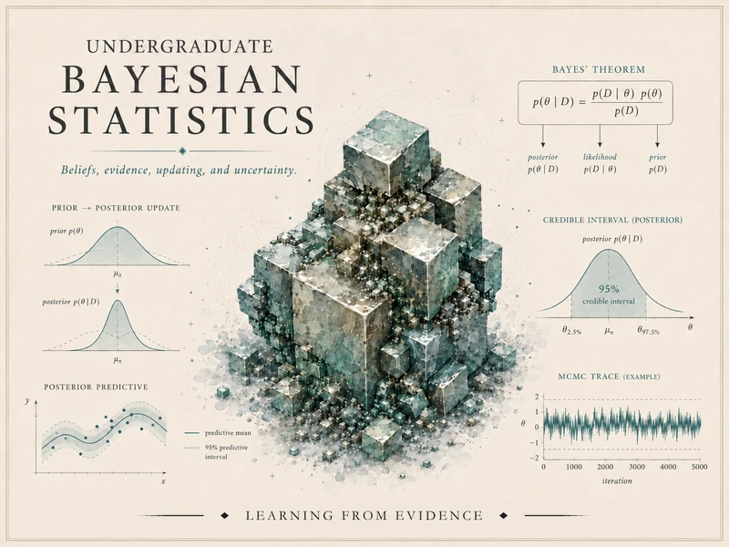Course identity banner for Bayesian Statistics — a teal crystal cluster surrounded by Bayesian graphics: Bayes' theorem, a prior-to-posterior update, a posterior predictive band, a 95% credible interval, and an MCMC trace, with the course title.