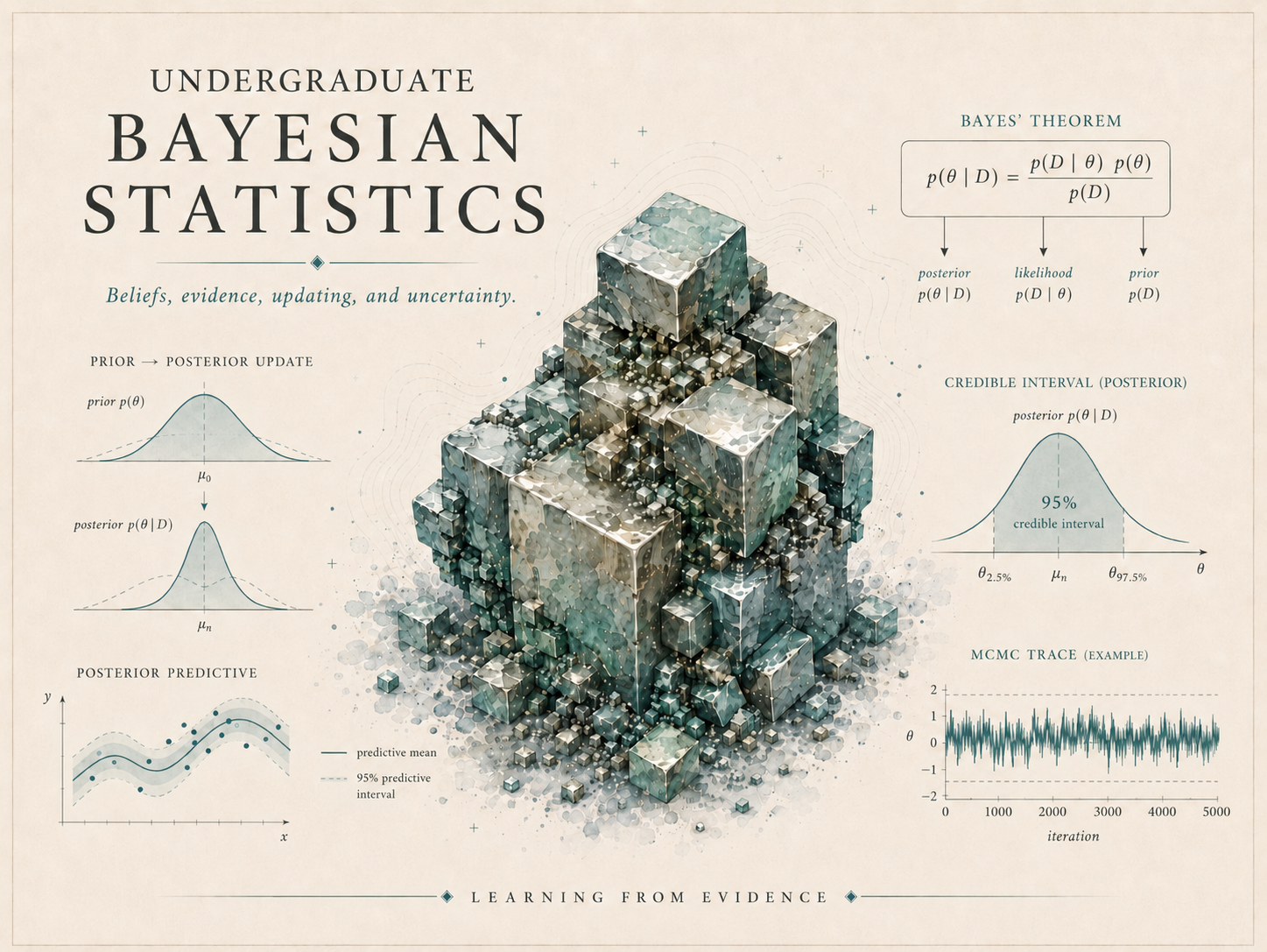 Course identity banner for Bayesian Statistics — a teal crystal cluster surrounded by Bayesian graphics: Bayes' theorem, a prior-to-posterior update, a posterior predictive band, a 95% credible interval, and an MCMC trace, with the course title.