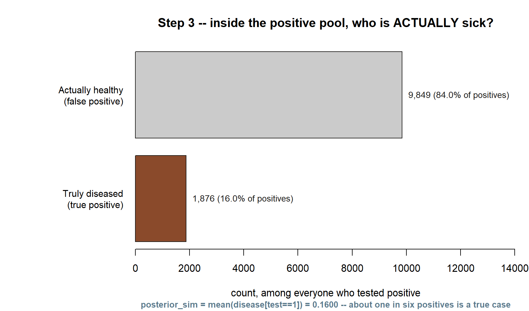 A horizontal bar chart with two bars restricted to the positive-testing subgroup: a short bar labeled truly diseased, true positive at 1,876 people (16.0 percent of positives), and a much longer bar labeled actually healthy, false positive at 9,849 people (84.0 percent of positives).
