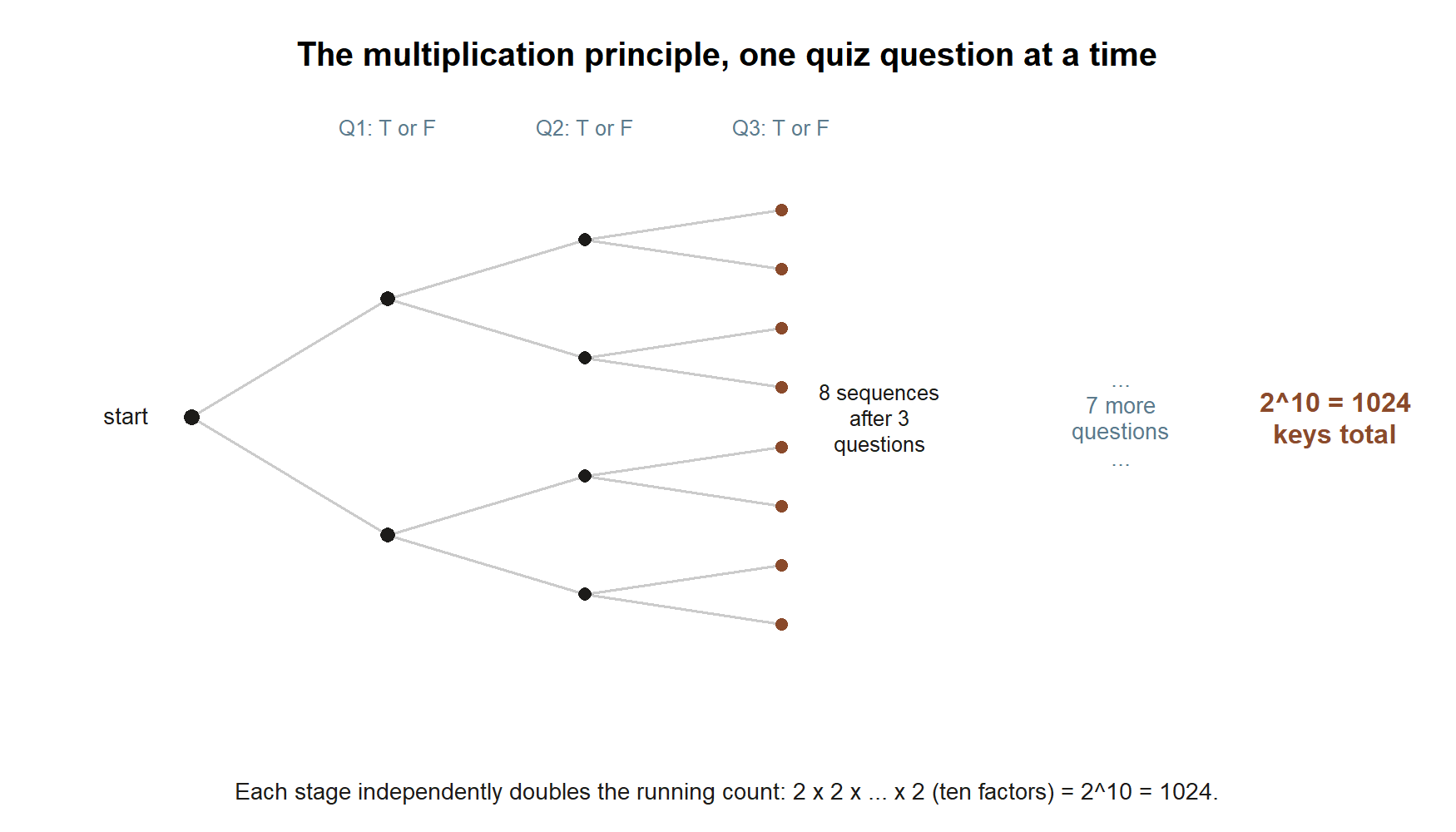 A branching tree diagram starting at a single point labeled start, splitting into 2 branches after question 1, 4 branches after question 2, and 8 branches after question 3, with a note that the doubling continues for 7 more questions to reach 2 to the 10th power equals 1024 keys total.