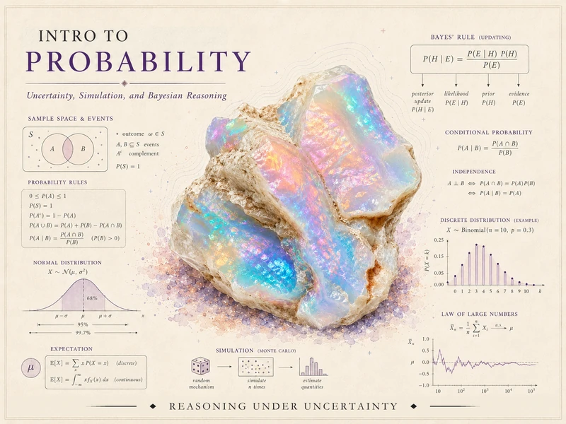 Course identity banner for Introduction to Probability — an iridescent opal crystal surrounded by probability graphics: sample spaces and events, the probability rules, Bayes' rule, a binomial distribution, the normal curve, expectation, a Monte Carlo simulation sketch, and the law of large numbers, with the course title.