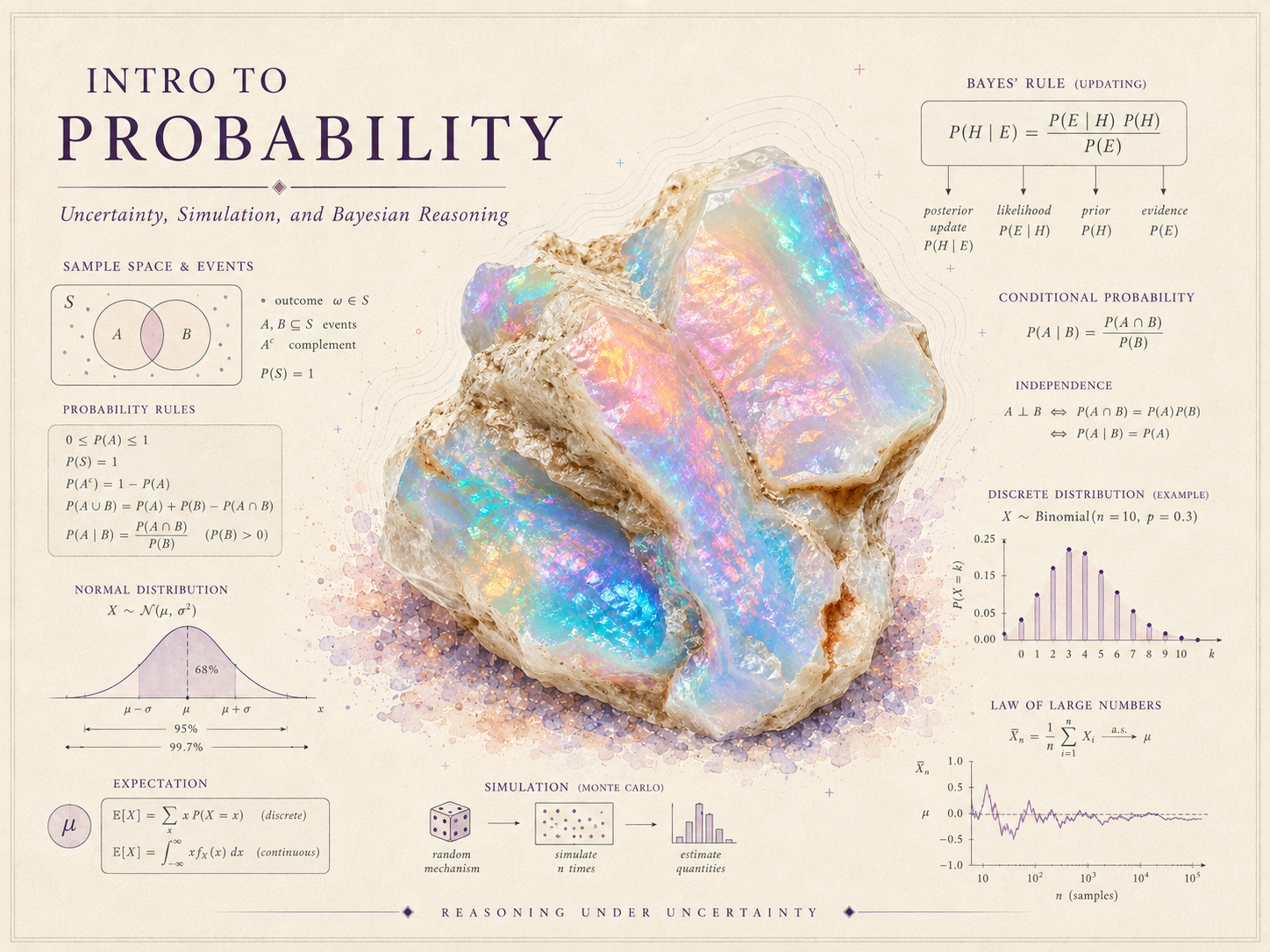 Course identity banner for Introduction to Probability — an iridescent opal crystal surrounded by probability graphics: sample spaces and events, the probability rules, Bayes' rule, a binomial distribution, the normal curve, expectation, a Monte Carlo simulation sketch, and the law of large numbers, with the course title.