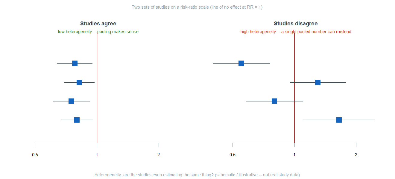 Two small forest plots side by side on a risk-ratio scale with a red line of no effect at 1. Left, studies agree: four studies all left of the line with heavily overlapping confidence intervals, labeled low heterogeneity, pooling makes sense. Right, studies disagree: four studies scattered across the line, some left some right, intervals barely overlapping, labeled high heterogeneity, a single pooled number can mislead. Labeled schematic, not real study data, asking whether the studies estimate the same thing.