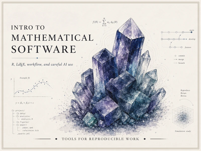 Wide illustrated course identity image for Intro to Mathematical Software, showing a cool-toned crystal cluster surrounded by mathematical software, workflow, simulation, and version-control graphics.