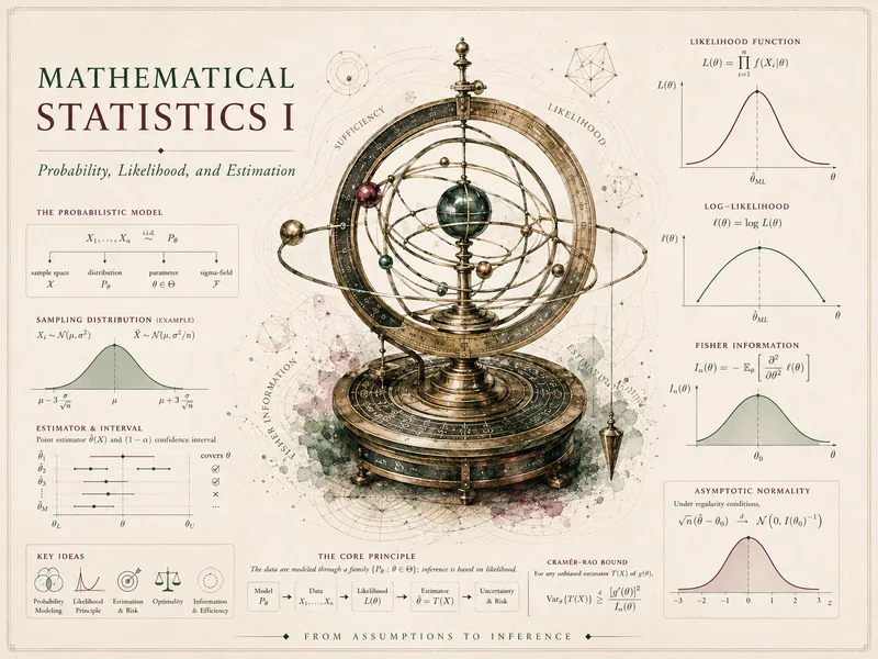 Course identity hero for Mathematical Statistics I, showing a brass armillary sphere on an engraved base surrounded by estimation graphics: the probabilistic model, a sampling distribution, estimator and interval diagrams, the likelihood and log-likelihood curves, Fisher information, and asymptotic normality, with the course title and the subtitle Probability, Likelihood, and Estimation.