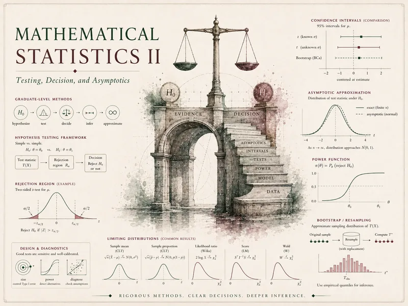 Course identity hero for Mathematical Statistics II, showing a stone arch labeled evidence and decision with a stepped stair and a balance scale, surrounded by testing graphics: hypothesis-testing framework, a rejection region, confidence intervals, power function, limiting distributions, and bootstrap resampling, with the course title and the subtitle Testing, Decision, and Asymptotics.
