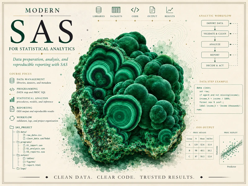 Course identity hero for Modern SAS for Statistical Analytics — a banded green malachite crystal surrounded by SAS analytics-workflow graphics including an import-validate-analyze-report-decide pipeline, a DATA step example, a SAS project folder tree, a PROC MEANS table, and a PROC SGPLOT scatterplot, with the course title.