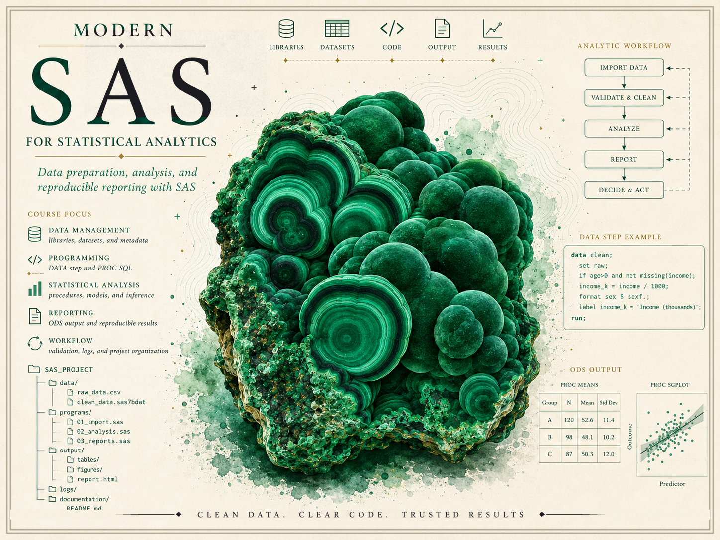 Course identity hero for Modern SAS for Statistical Analytics — a banded green malachite crystal surrounded by SAS analytics-workflow graphics including an import-validate-analyze-report-decide pipeline, a DATA step example, a SAS project folder tree, a PROC MEANS table, and a PROC SGPLOT scatterplot, with the course title.