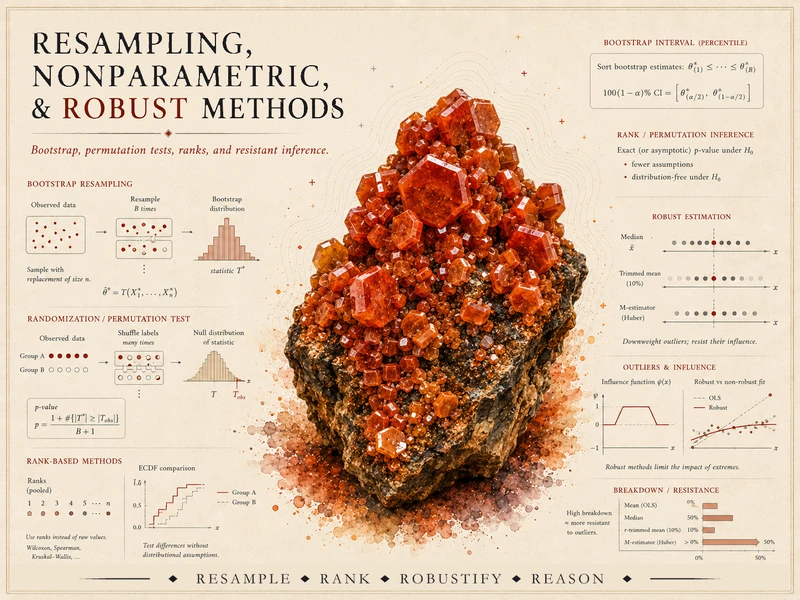Course identity hero for Resampling, Nonparametric and Robust Methods — a red-orange vanadinite crystal cluster surrounded by assumption-light graphics including a bootstrap percentile interval, permutation and randomization tests, rank-based methods, robust estimators with a breakdown-point chart, and a method-comparison simulation, with the course title.