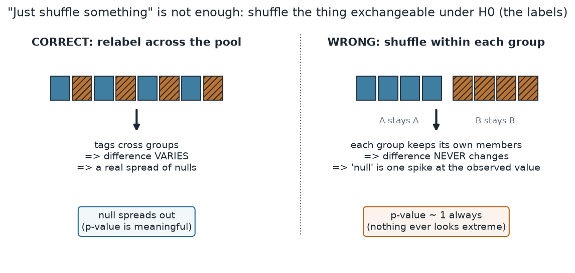 Two side-by-side panels. Left, labeled CORRECT: relabel across the pool, shows boxes with alternating A and B tags and notes tags cross groups so the difference varies and the null spreads out, making the p-value meaningful. Right, labeled WRONG: shuffle within each group, shows four A boxes and four B boxes kept separate and notes each group keeps its members so the difference never changes and the null is one spike, giving a p-value near 1.
