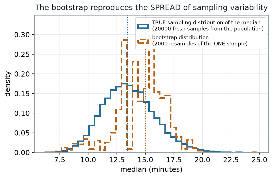 Two overlaid step histograms of the median. A solid curve is the true sampling distribution centered near 13.4 minutes; a dashed curve is the bootstrap distribution centered near 15.0 minutes. The two curves have similar width but different centers.