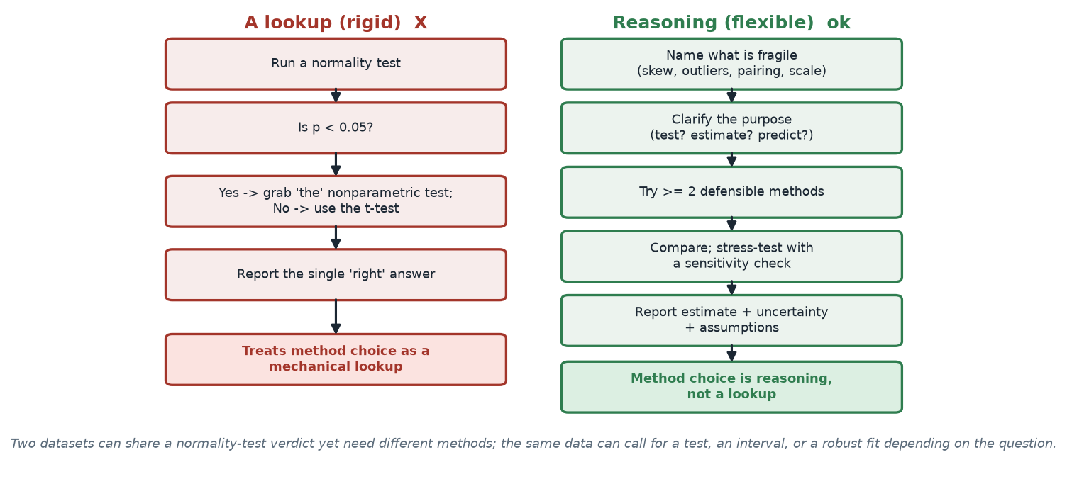 A two-column contrast. The left column, marked with a red X, is a rigid flowchart: run a normality test, check if p is below 0.05, then grab the nonparametric test or the t-test, and report the single right answer — treating method choice as a mechanical lookup. The right column, marked with a green check, is a reasoning chain: name what is fragile, clarify the purpose, try at least two methods, compare and stress-test, and report the estimate with its uncertainty and assumptions.