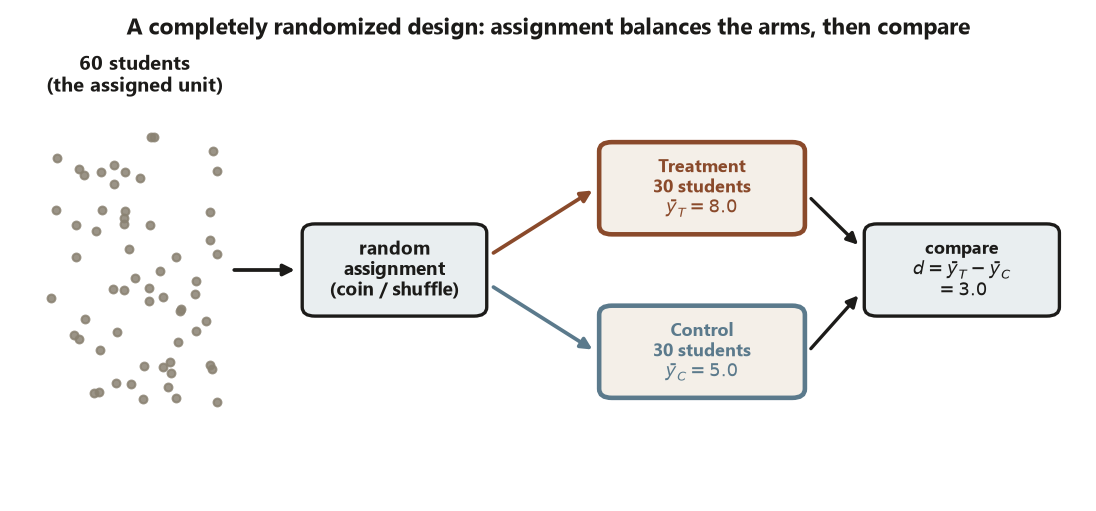 A flow diagram. On the left, a cloud of 60 gray dots labeled 60 students, the assigned unit. An arrow leads to a box labeled random assignment, coin or shuffle. From that box two arrows fan out to an upper terracotta box, Treatment, 30 students, mean gain 8.0, and a lower slate-blue box, Control, 30 students, mean gain 5.0. Arrows from both arms meet at a final box labeled compare, d equals mean of T minus mean of C, equals 3.0.