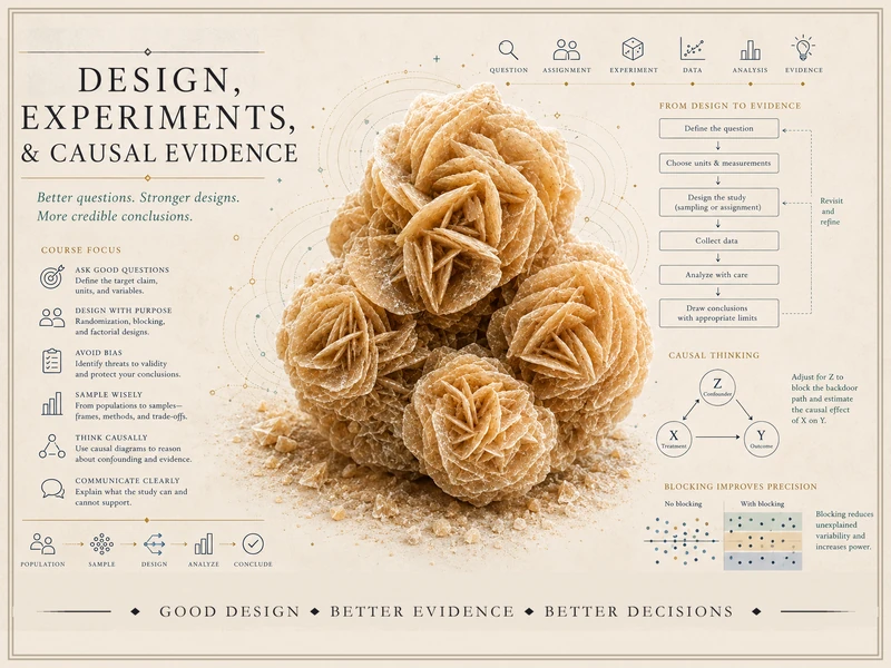 Course identity hero for Design, Experiments and Causal Evidence — a tan desert-rose crystal cluster surrounded by study-design graphics including a design-to-evidence workflow, a causal diagram with a confounder and a backdoor path, and a blocking-improves-precision illustration, with the course title.