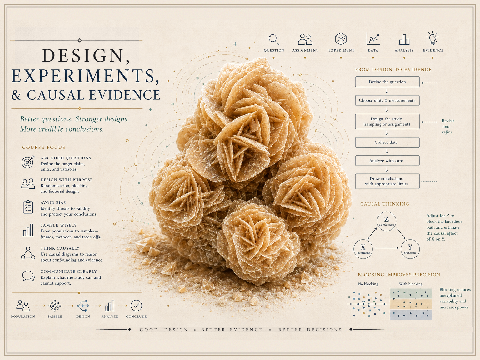 Course identity hero for Design, Experiments and Causal Evidence — a tan desert-rose crystal cluster surrounded by study-design graphics including a design-to-evidence workflow, a causal diagram with a confounder and a backdoor path, and a blocking-improves-precision illustration, with the course title.