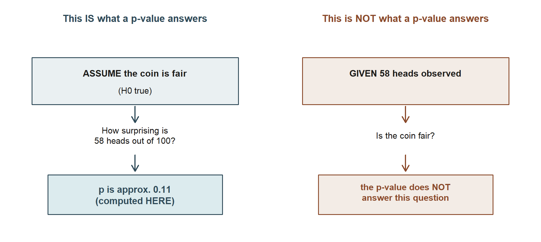 Two side-by-side panels. The left panel, titled this IS what a p-value answers, reads: assume the coin is fair, H0 true; how surprising is 58 heads out of 100; p is approximately 0.11, computed here. The right panel, titled this is NOT what a p-value answers, reads: given 58 heads observed; is the coin fair; the p-value does not answer this question.