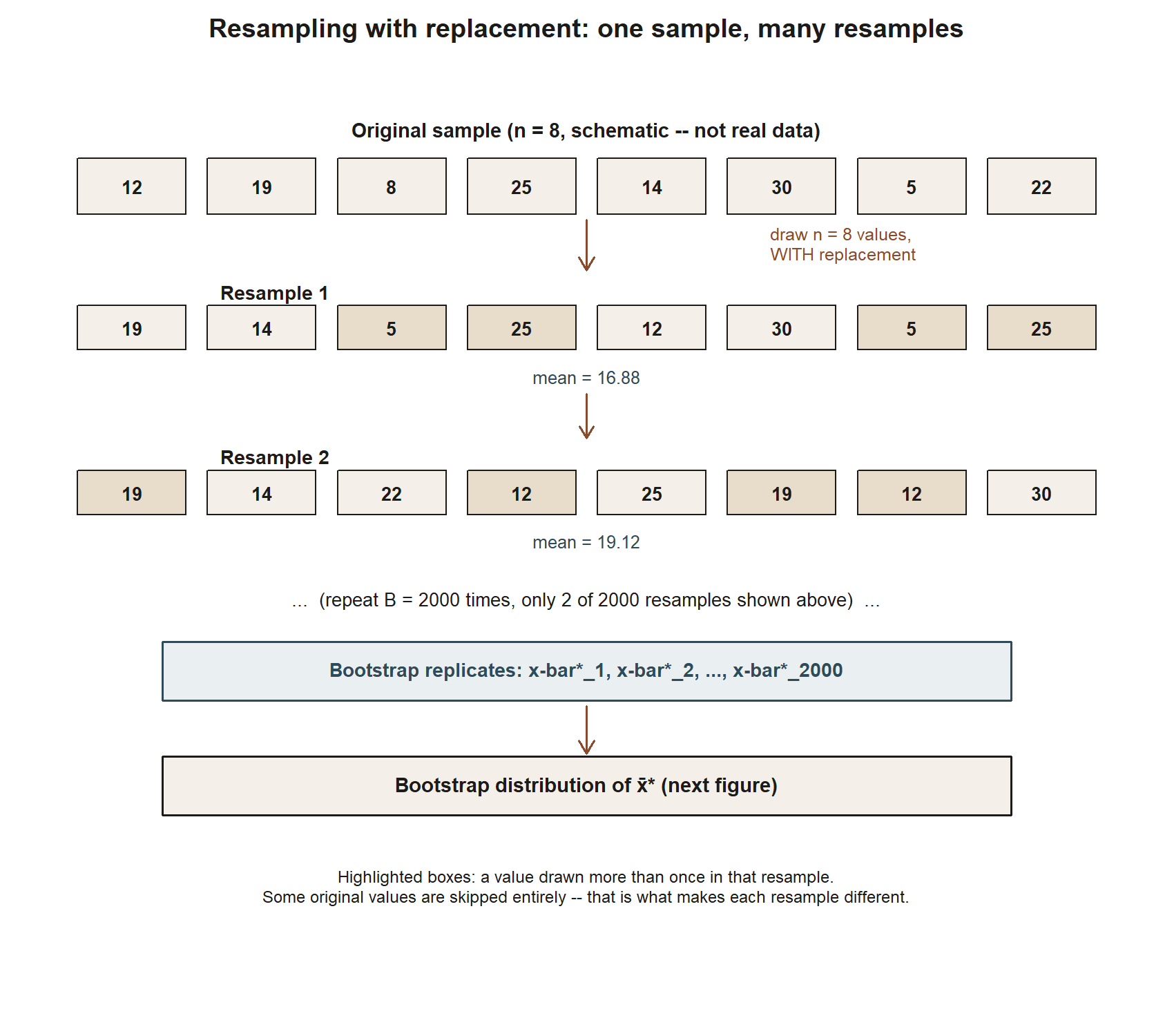 A flow diagram: a row of 8 numbered boxes labeled original sample, an arrow labeled draw with replacement pointing to a second row of 8 boxes labeled resample 1 with some repeated values highlighted and its mean shown below, another arrow to a third row labeled resample 2 with different repeated values highlighted and its mean shown below, then text noting the process repeats 2000 times, followed by two stacked boxes reading bootstrap replicates x-bar star one through x-bar star two-thousand and bootstrap distribution of x-bar star.