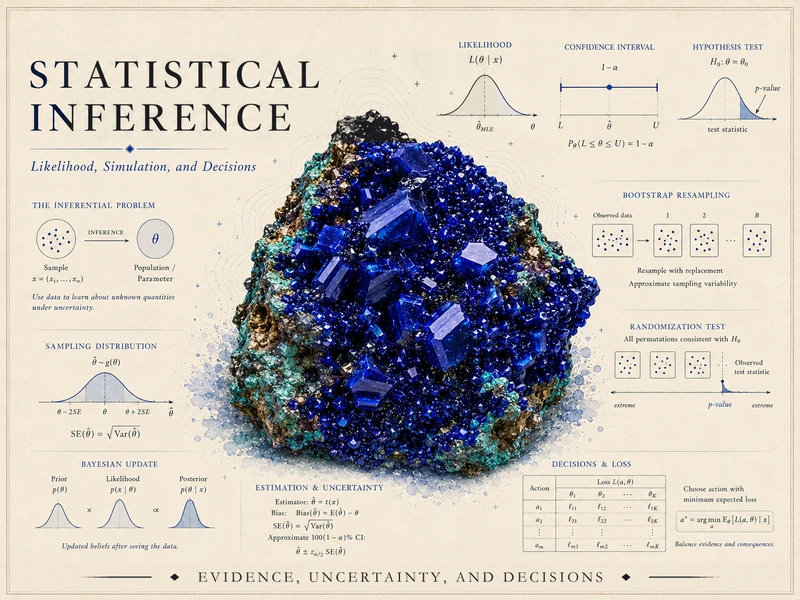 Course identity hero for Statistical Inference — a deep-blue crystal cluster surrounded by inference graphics including the inferential problem (sample to parameter), a likelihood curve, a confidence interval, a hypothesis test, a sampling distribution, a Bayesian update, bootstrap resampling, a randomization test, and a decisions-and-loss table, with the course title.