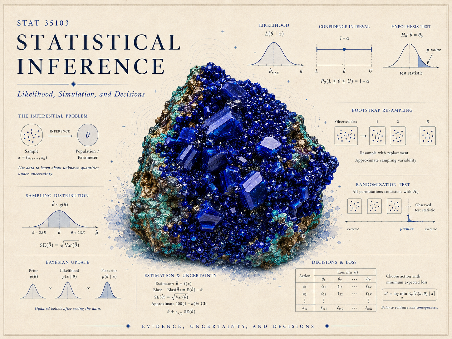 Course identity hero for Statistical Inference — a deep-blue crystal cluster surrounded by inference graphics including the inferential problem (sample to parameter), a likelihood curve, a confidence interval, a hypothesis test, a sampling distribution, a Bayesian update, bootstrap resampling, a randomization test, and a decisions-and-loss table, with the course title.