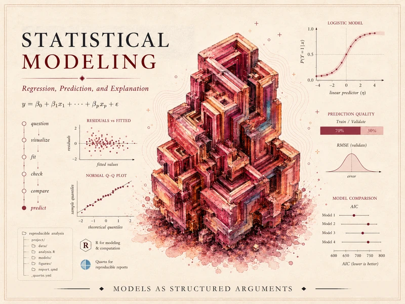 Course identity hero for Statistical Modeling — a crimson crystalline cube cluster surrounded by regression-modeling graphics including the linear model equation, a residuals-versus-fitted plot, a normal Q-Q plot, a logistic-regression curve, prediction-quality and RMSE panels, and an AIC model-comparison chart, with the course title.