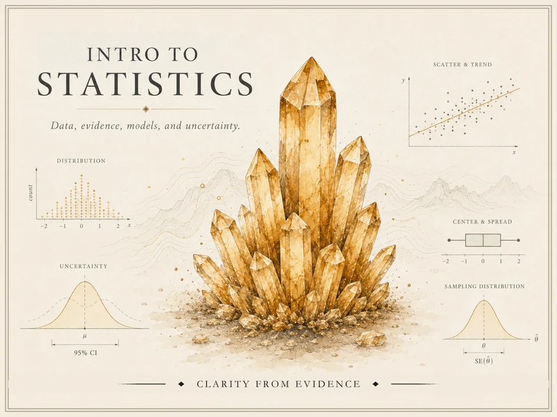 Wide illustrated course identity image for Intro to Statistics, showing an amber crystal cluster surrounded by introductory statistics graphics including distributions, uncertainty, scatterplots, center and spread, and sampling distributions.