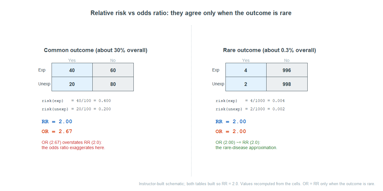 Two hypothetical two-by-two tables. Left, common outcome about thirty percent: exposed 40 of 100 risk 0.40, unexposed 20 of 100 risk 0.20, relative risk 2.00 but odds ratio 2.67, the odds ratio overstates. Right, rare outcome about three tenths of one percent: exposed 4 of 1000 risk 0.004, unexposed 2 of 1000 risk 0.002, relative risk 2.00 and odds ratio 2.00, the rare-disease approximation. Caption: odds ratio approximates relative risk only when the outcome is rare.